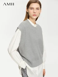 AMII gilet senza maniche girocollo minimalista per donna 2023 autunno nuove basi sciolte maglione lavorato a maglia femminile impiombato solido 12343302