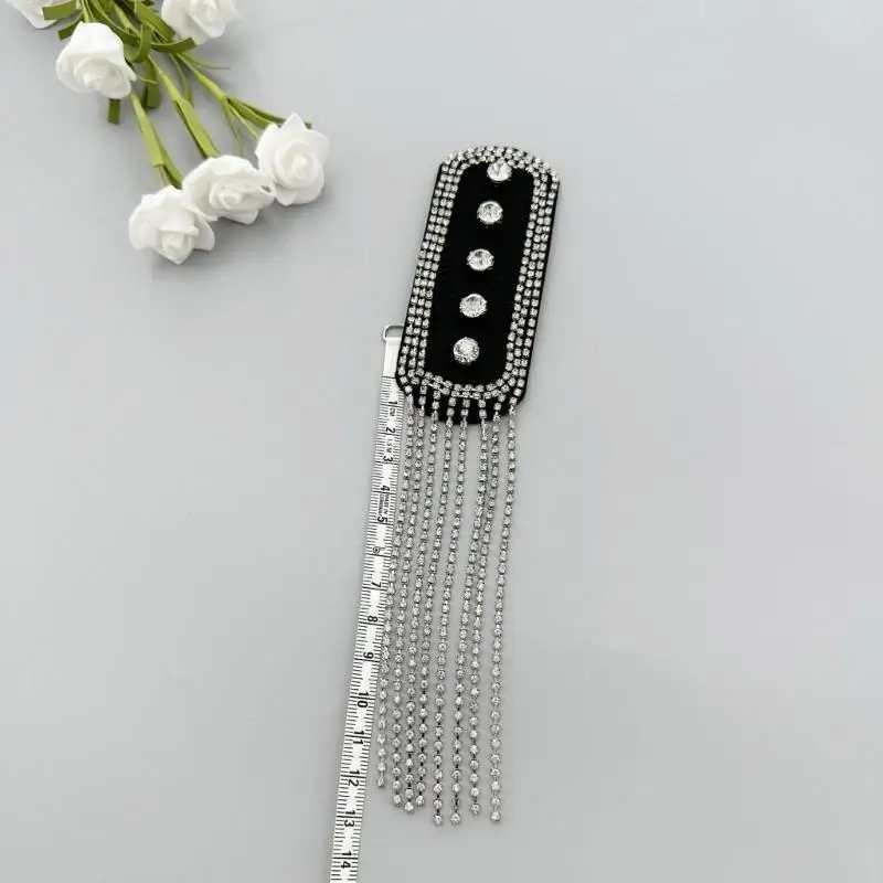 652F Fashionable Tassels Crystal Chain Shoulder Epaulette with Bead Studded for Jackets Shirt Formal Dress Shoulder Decors