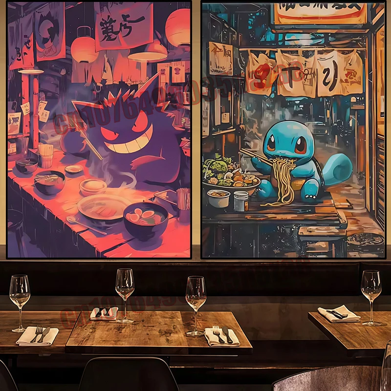 

Pokémon Anime Poster Pokémon, Gengar, Pikachu, Bulbasaur, Eating Noodles, Restaurant Background Wall Art Deco Canvas Painting