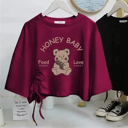 HELIAR Women Printed Cute T-shirts Drawstring Loose Casual Crop Top O-Neck Short Sleeve Cotton Pullovers Y2K Shirt Spring Summer