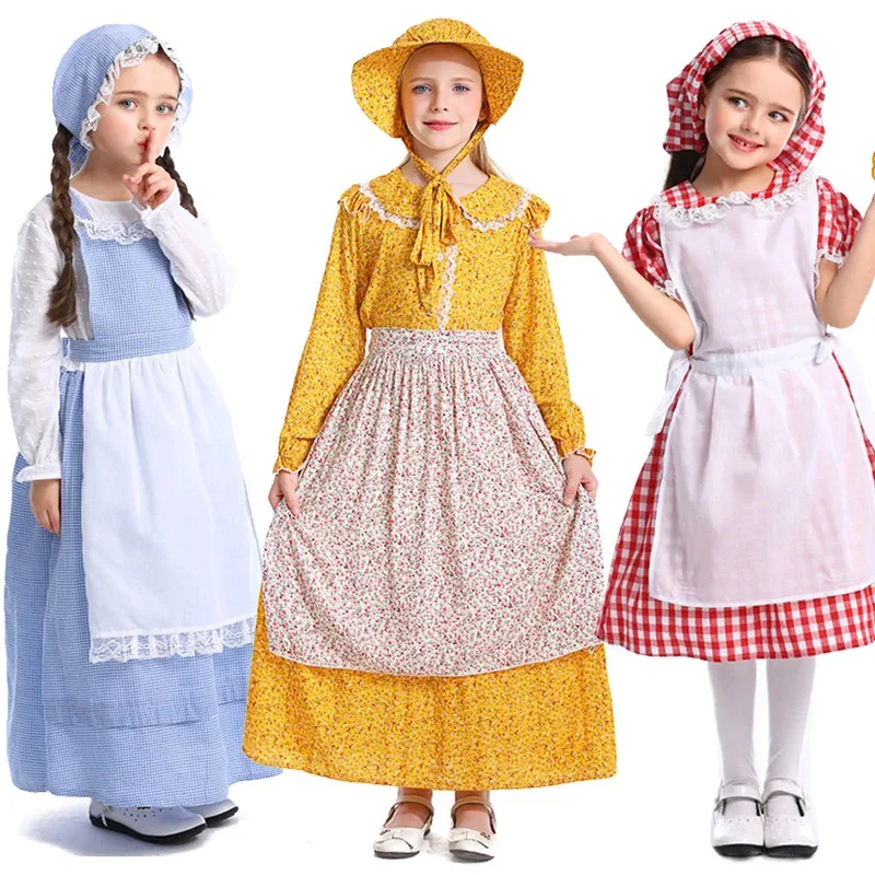 

Kids Floral Print Pastoral Farm Style Girls Dress Cosplay Halloween Theme Party Costume Role Play Stage Performance Apparel