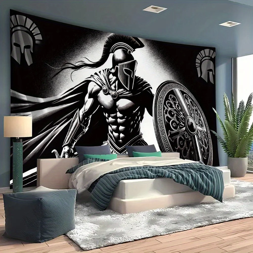 Spartan Warrior Tapestry, Greek Mythology Wall Hanging, Black White Shield Art Dorm Decor, Hero Bedroom Blanket for Men