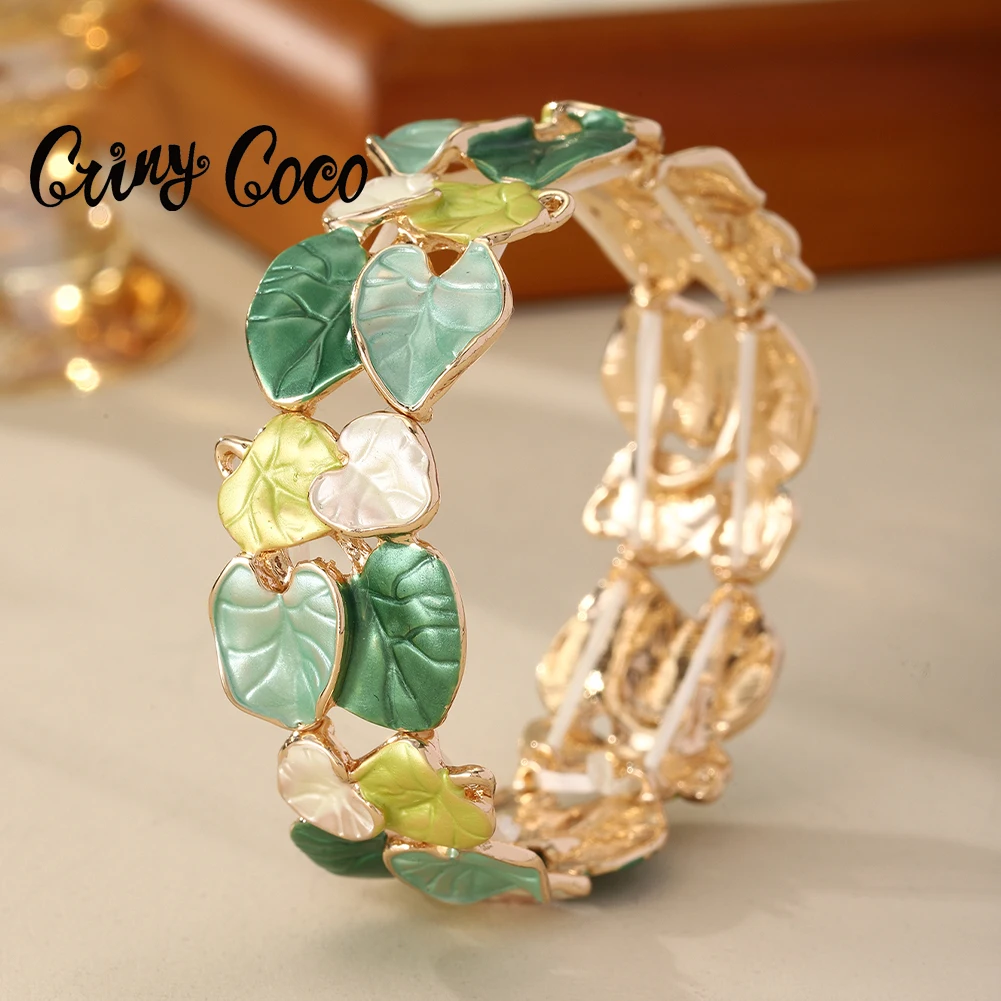 

Cring Coco Trendy Bracelet Foldable Leaves Stretchable Luxury Elegant Jewelry Bracelet Zinc Alloy Bracelet Valentine's Day Gift