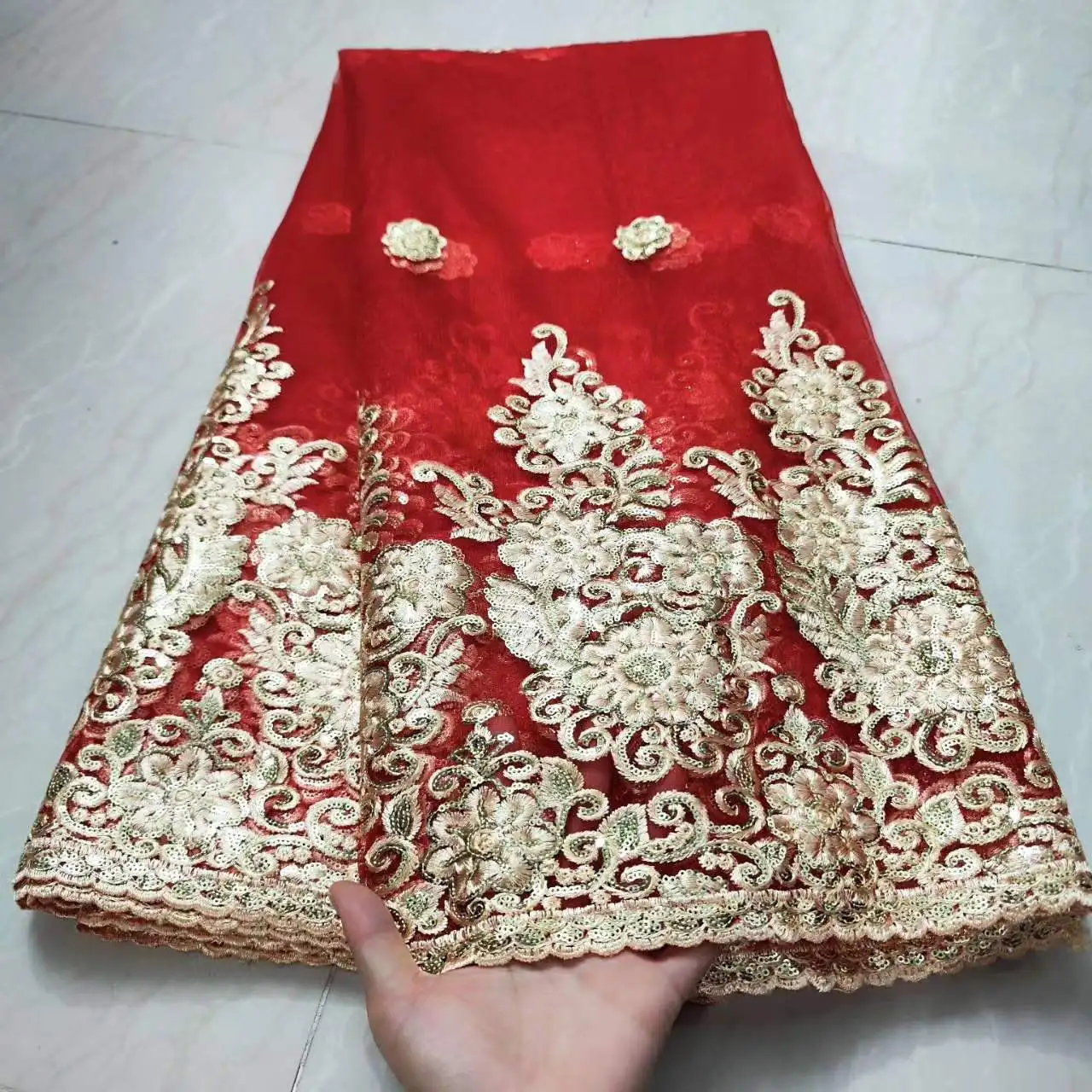 

Fashion Red French Sequins Lace Fabric 2023 High Quality African Nigerian Tulle Lace Fabric For Wedding Party Dress Sewing KYX17