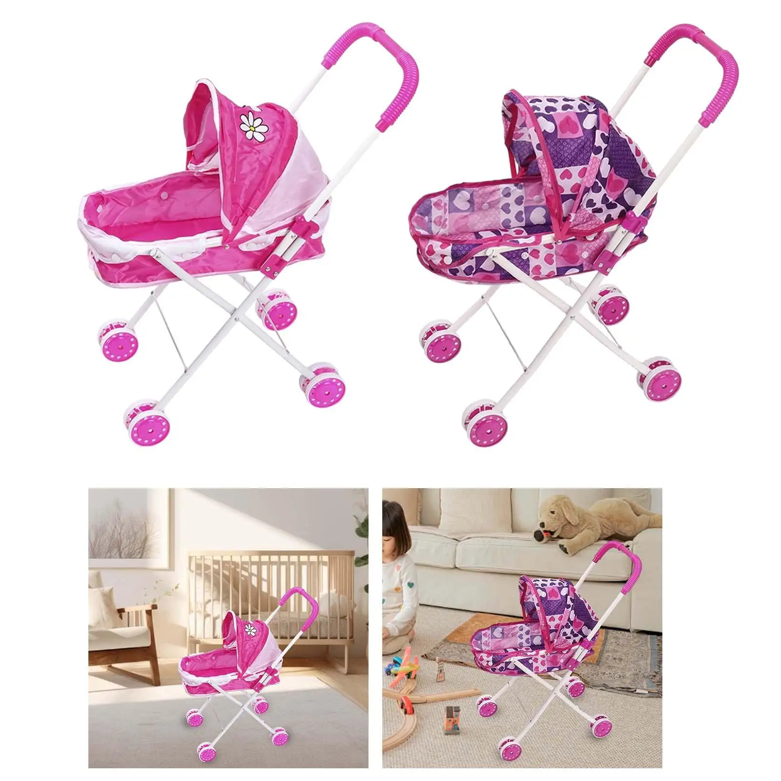 Foldable Baby Doll Stroller Pretend Play Dollhouse Decoration Doll Carrier Early Development Valentines Day Gifts for Kids