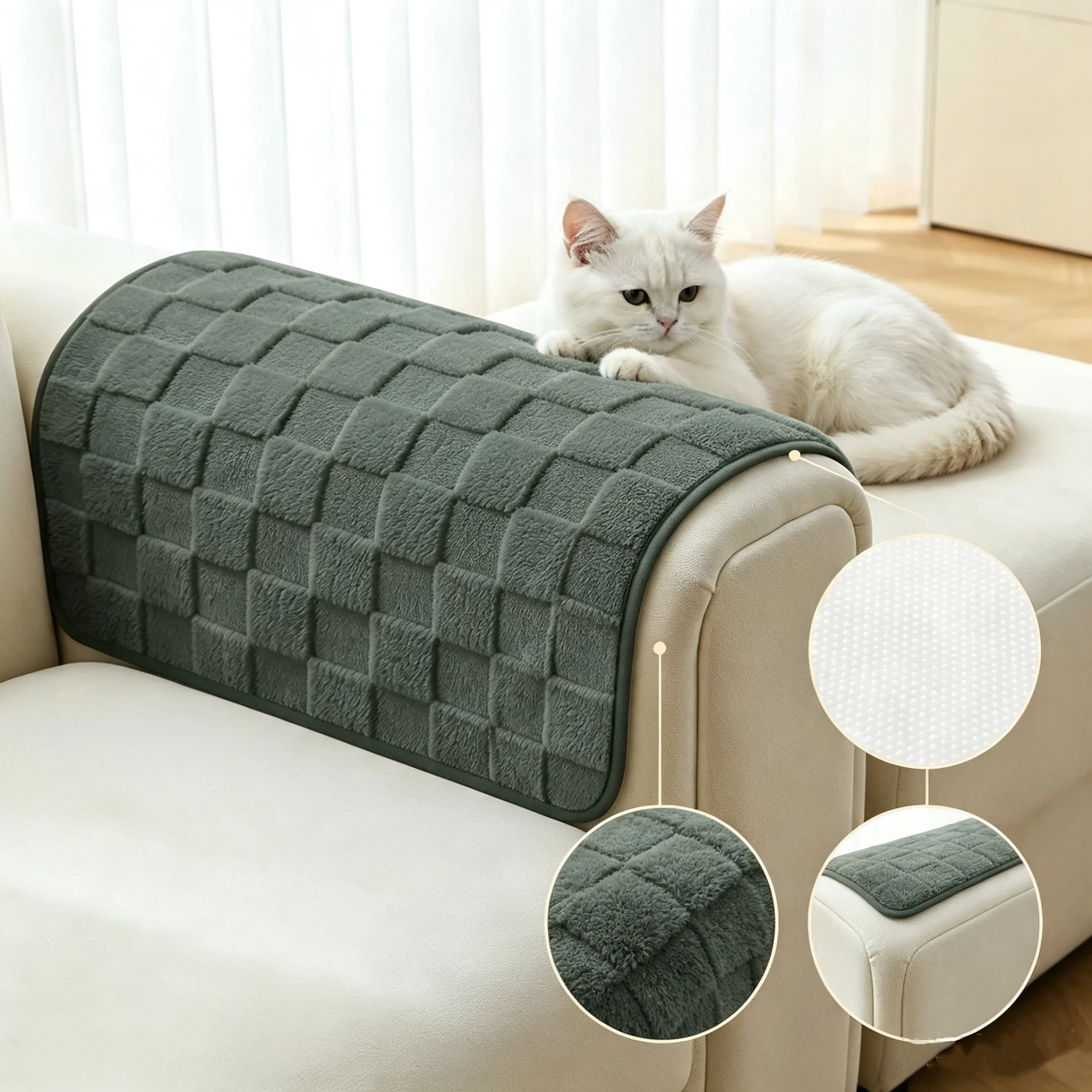 All‑Season Sherpa Fleece Pet‑Friendly Sofa Cushion Woven Grid Non‑Slip Handrail Cover Single Chair Backrest Dust Protector Pad