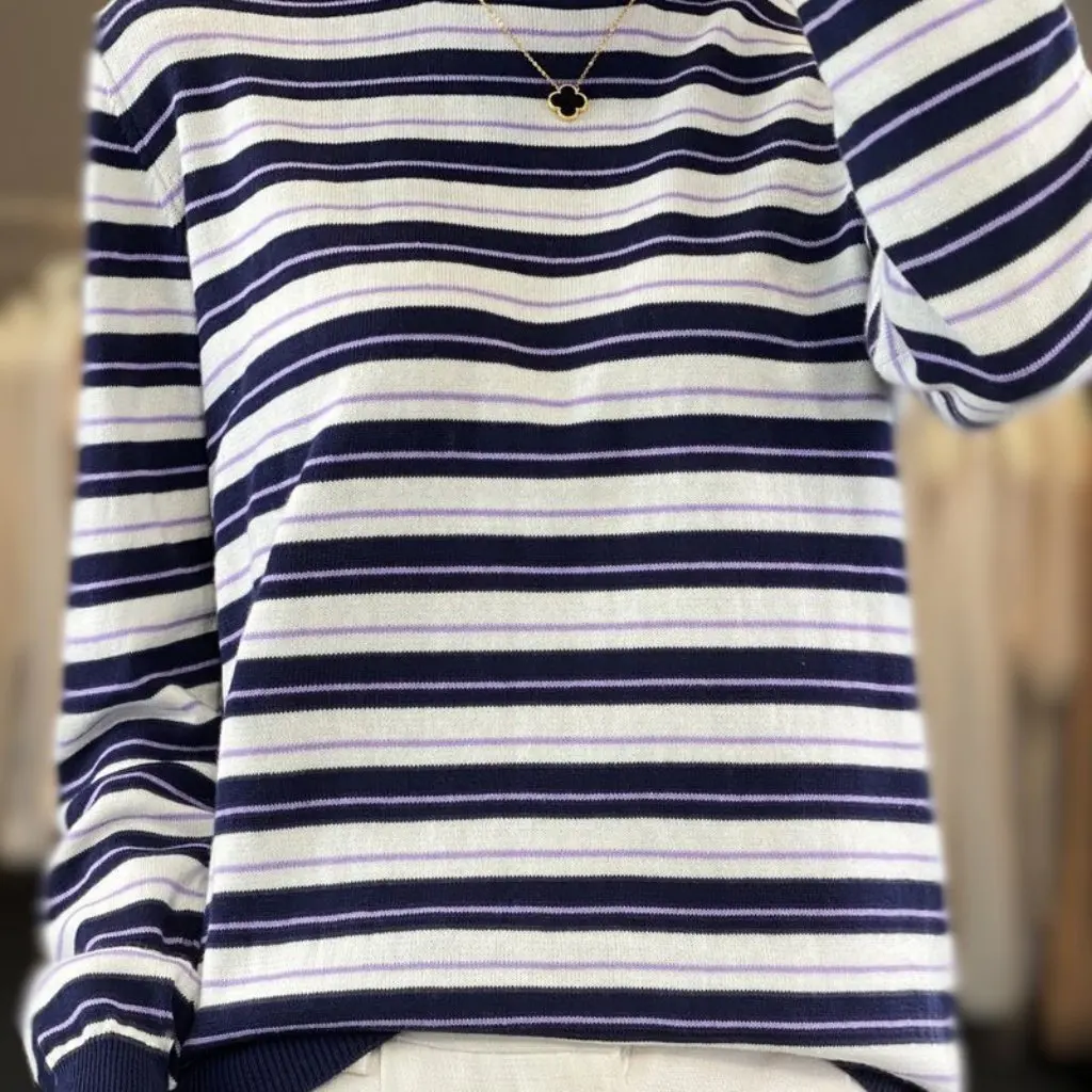 

Women's Long-Sleeved Crewneck Pullover Knitted Sweater Early Autumn Color-Matching Striped Loose Casual Base Layer Cotton Top