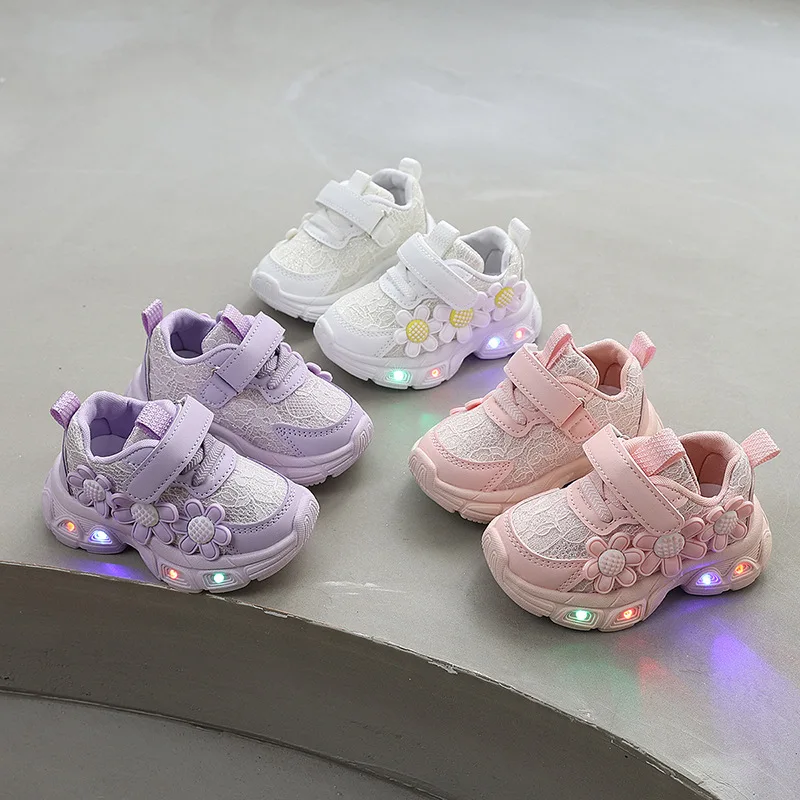 2026 Spring New Kids Luminous Sneakers Comfort Breathable Girls' Mesh Shoes Simple Versatile Child Flower Casual Shoes Кроссовки