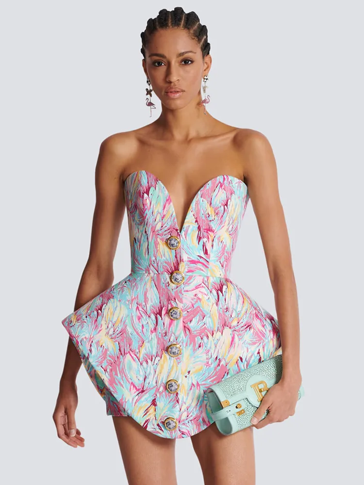 

Luxury Sexy Strapless Backless Print Button A Line Mini Women Celebrity Dress 2024 Elegant Party Evening Club Vestido