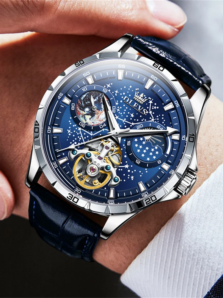 Top Tourbillon Mechanical Watch Men Unique Starry Sky Luminous Moon Phase Hollow Automatic Self Wind Mens Watches reloj hombre