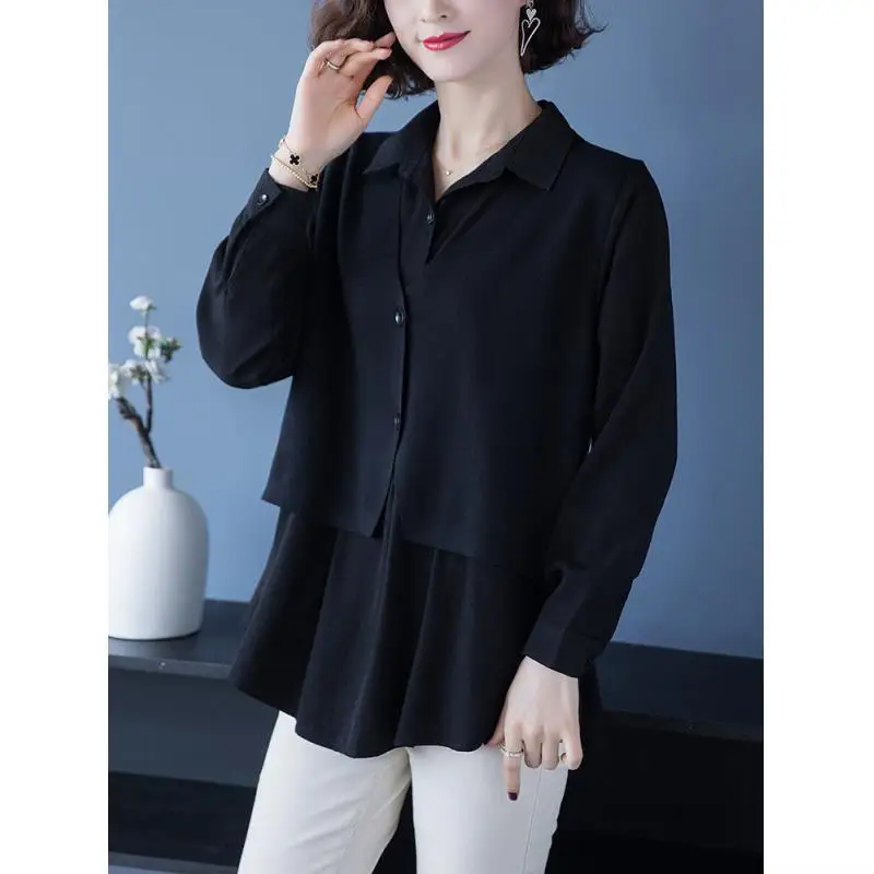 Fashion Lapel Solid Color Spliced Fake Two Pieces Blouses Women\'s Clothing 2023 Autumn Winter Loose Casual Tops Commuter Shirts