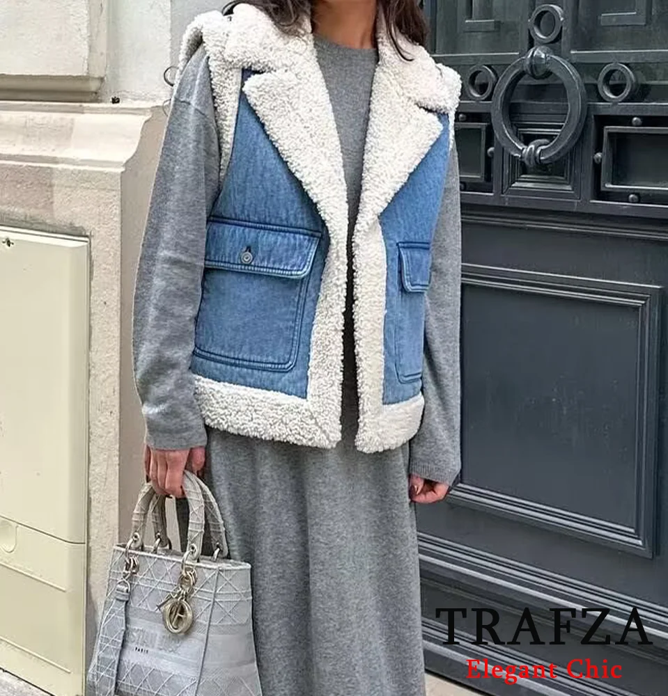 TRAFZA-Women Casual Fleece Vest Coat Lapel Buttons Denim Vest New 2024 Fashion Fall Winter Vintage Simple Versatile Vest