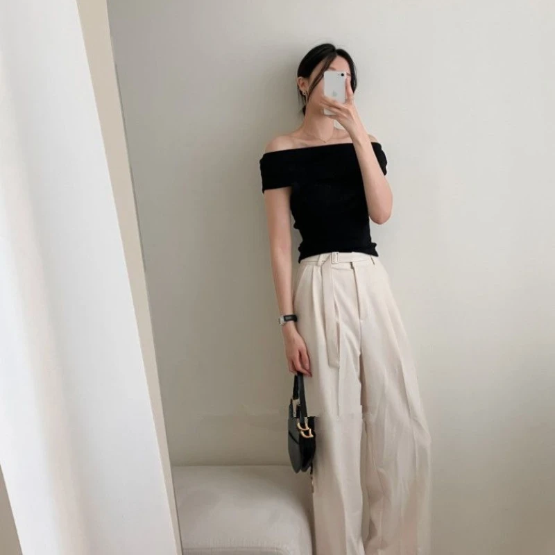 Short Sleeve T-shirts Women Slash Neck Simple Casual Soft Criss-cross Stylish Off-shoulder Korean Style Ulzzang Trendy Elegant