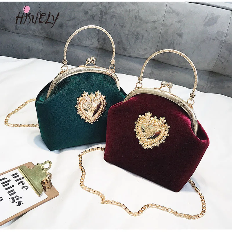 2024 Female Velvet Pearl Handbag Vintage Velour Heart Design Evening Bag Wedding Party Bride Clutch Velour Badge Bag Purse Q3