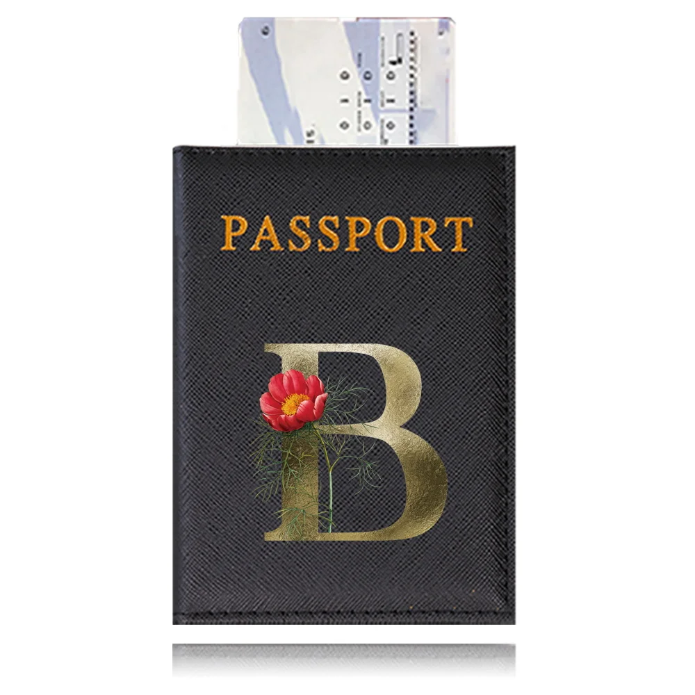 Passport Cover PU Waterproof Case for Passport Wallet Black Color Credit Card Holder Protective Case Print Golden Flower Series