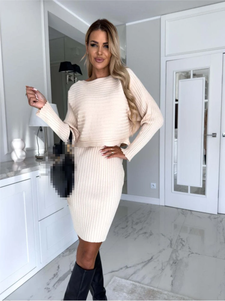 Autumn Winter Fashion Slim Solid Two Piece Sets Women\'s Long Sleeve Pullover Top & Knitted Pit Stripe Sleeveless Dress Outfits