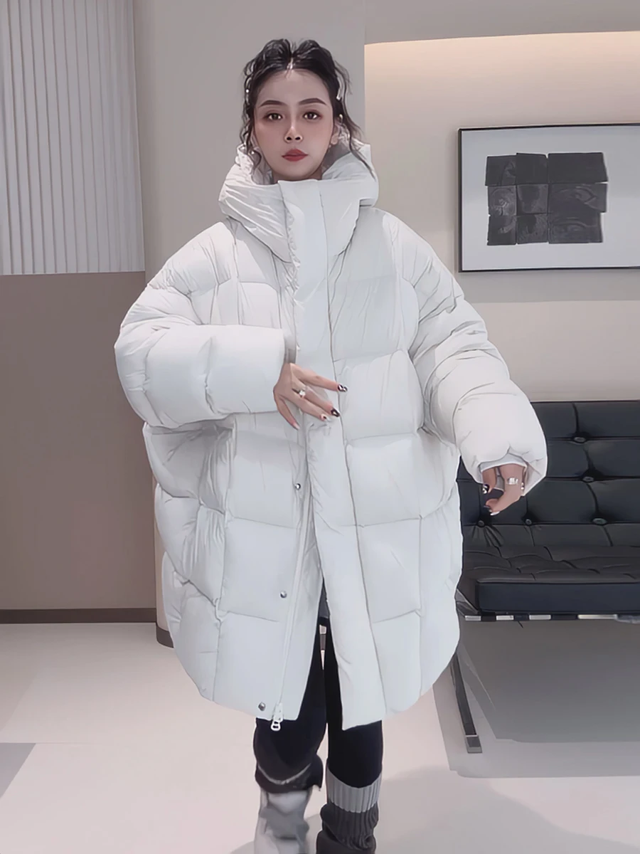 

Winter New Loose Fit Puffer Jaet Women's Korean Sle White Du down Ba Strap Bouffant Feel Hat Ba Zipper Closure