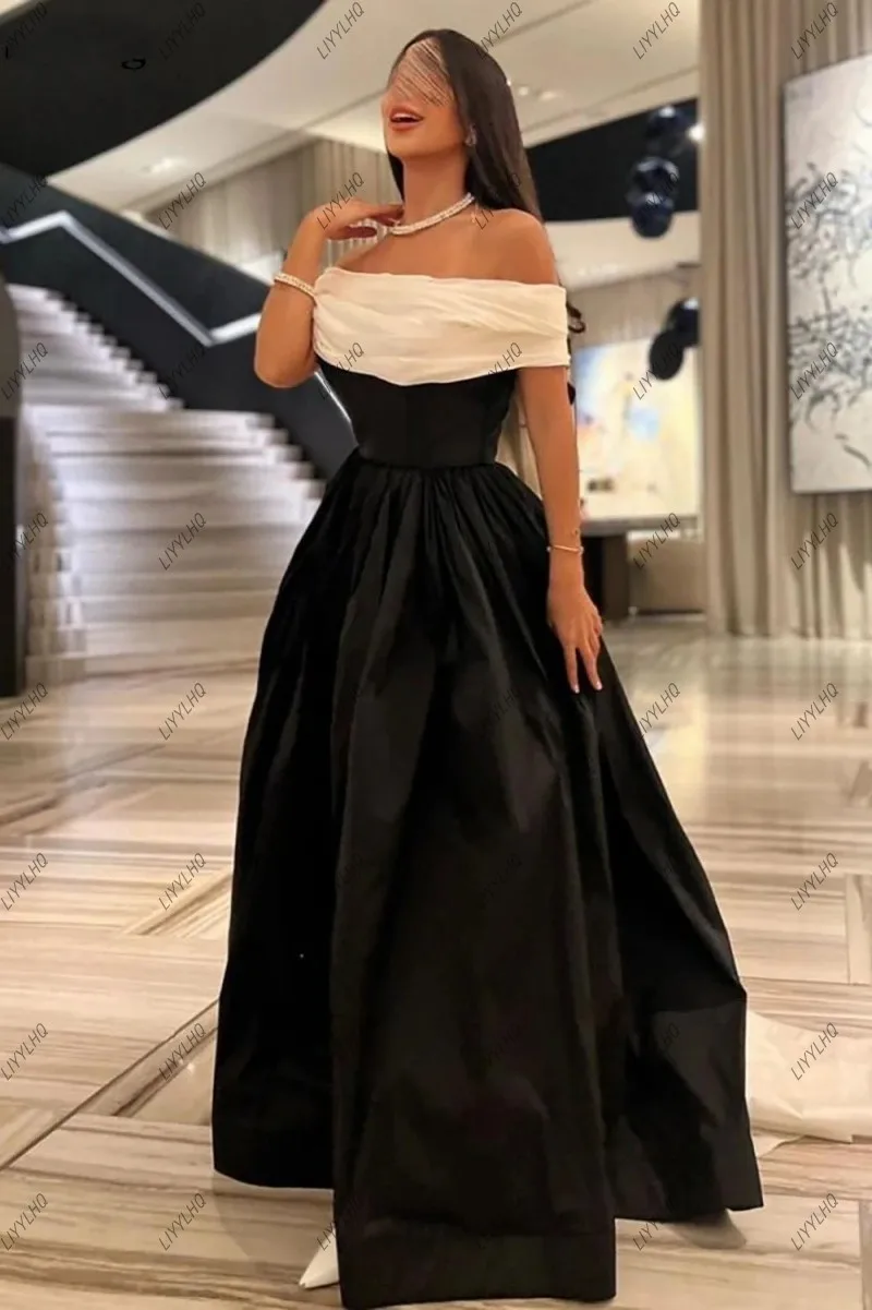 Newest Black White Evening Dresses Pleated Off Shoulder Side Slit A-Line Party Dress Women Floor-Length Custom Prom Gowns