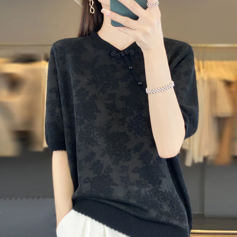 Summer 2024 New 100% Worn Wool Knitted Thin Short Sleeve High End Women\'s Top High Street Korean Fashion Sexy T-shirt