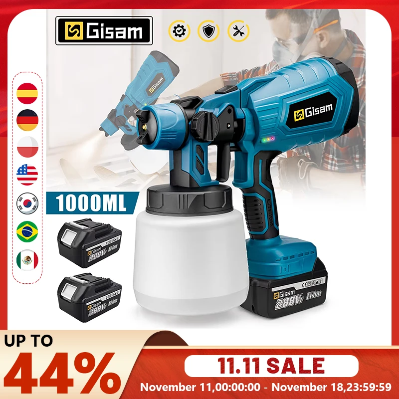 Электрический распылитель краски, 1000 мл, HVLP, с аккумулятором 18 в