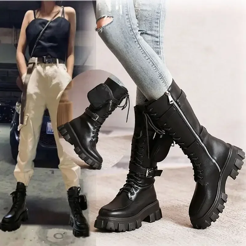 

British Style Street Style Cool Boots Breathable Thick-Soled Pocket Motorcycle Botines Side Zipper Catwalk Fashion Botas