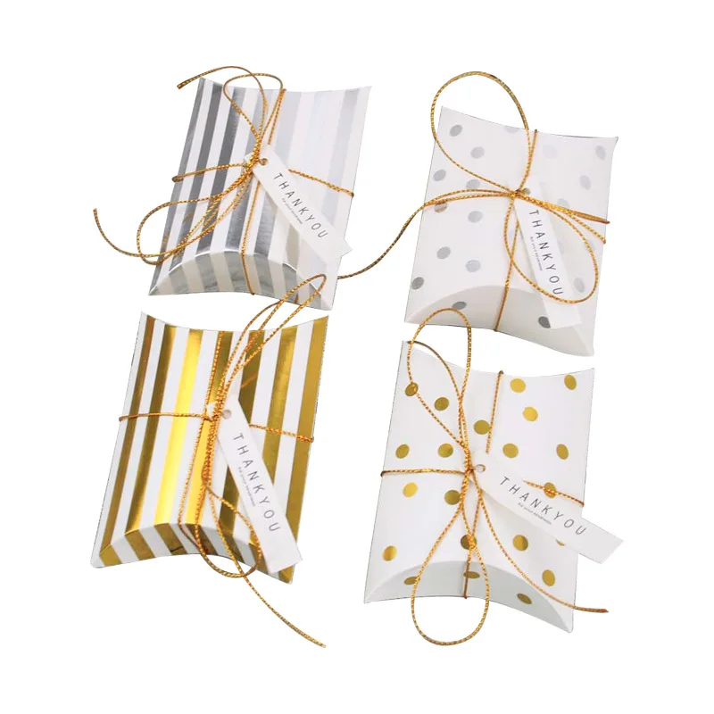 

25pcs Wedding Decoration Gold Pillow Candy Box Silver Dot Stripe Birthday Party Thank You Chocolate Gift Boxes to Guests B009