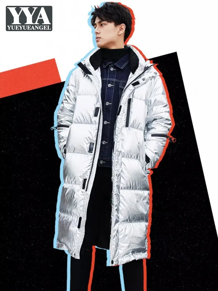 

Fashion Winter Mens Bright Silver Long Down Jacket Hooded Thick Warm Overcoat Straight Windbreaker Casual Outside Down Coat