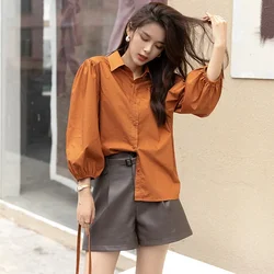 MISHOW 100% Cotton Fashion Button Up Shirt Women Spring Autumn Lantern Long Sleeve Blouses Polo Neck Loose Top Female MXA35C0089