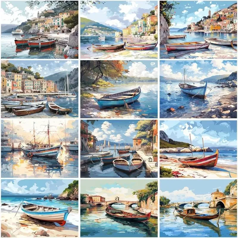 Kit per dipingere a numeri, paesaggio marino, decorazioni per la casa, dipingere a numeri, disegno di una barca su tela, quadro dipinto a mano, idea regalo.