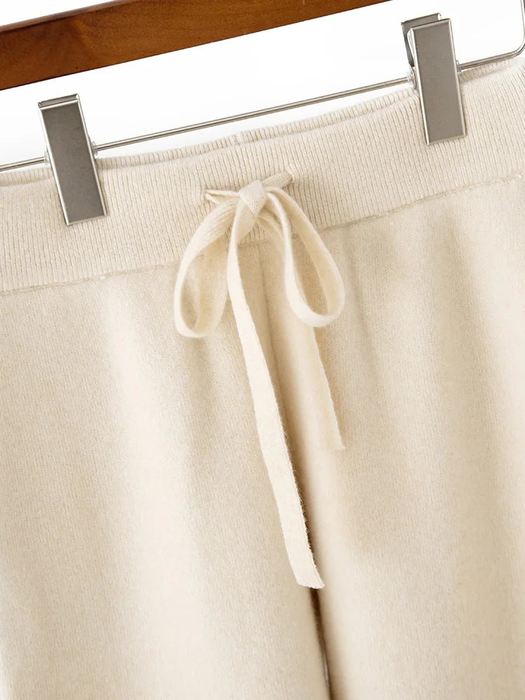 

TLOML Women's Wool Pencil Pants Autumn Winter 100% Merino Wool Knitted Trousers Thick Soft Pocket Drawstring Casual Style Pants