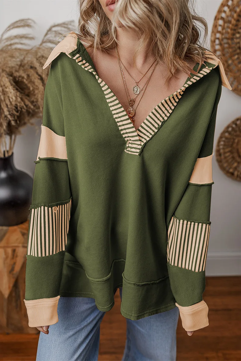 Casual Loose V-neck Pullover Sweatshirt For Women 2024 Autumn Personalized Striped Patchwork Long-sleeved Top For Women Shirts