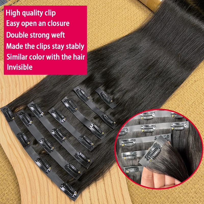 Clip dritta senza soluzione di continuità Ins Clip per capelli umani in PU nelle estensioni dei capelli Capelli umani Pelle invisibile Trama in PU Capelli vergini grezzi 7 pezzi / set 100g