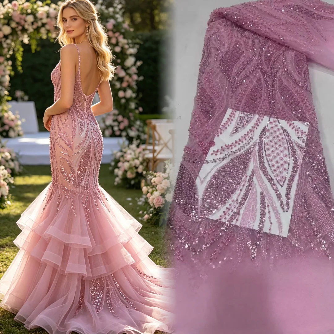 

African Luxury Sequins Lace Fabric 2026 Latest Beaded Embroidery French Tulle Mesh Lace Fabric Material For Wedding Sewing