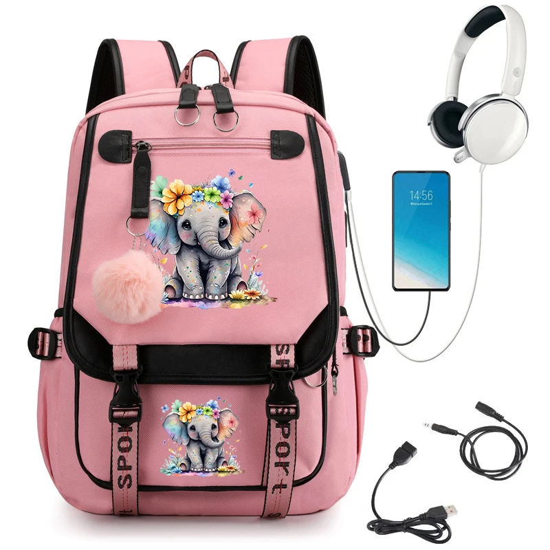 Kawaii School Bag for Teenager Girls Anime Cartoon Backpacks Children's Backpack Floral Elephant Cartoon Students Usb Schoolbags