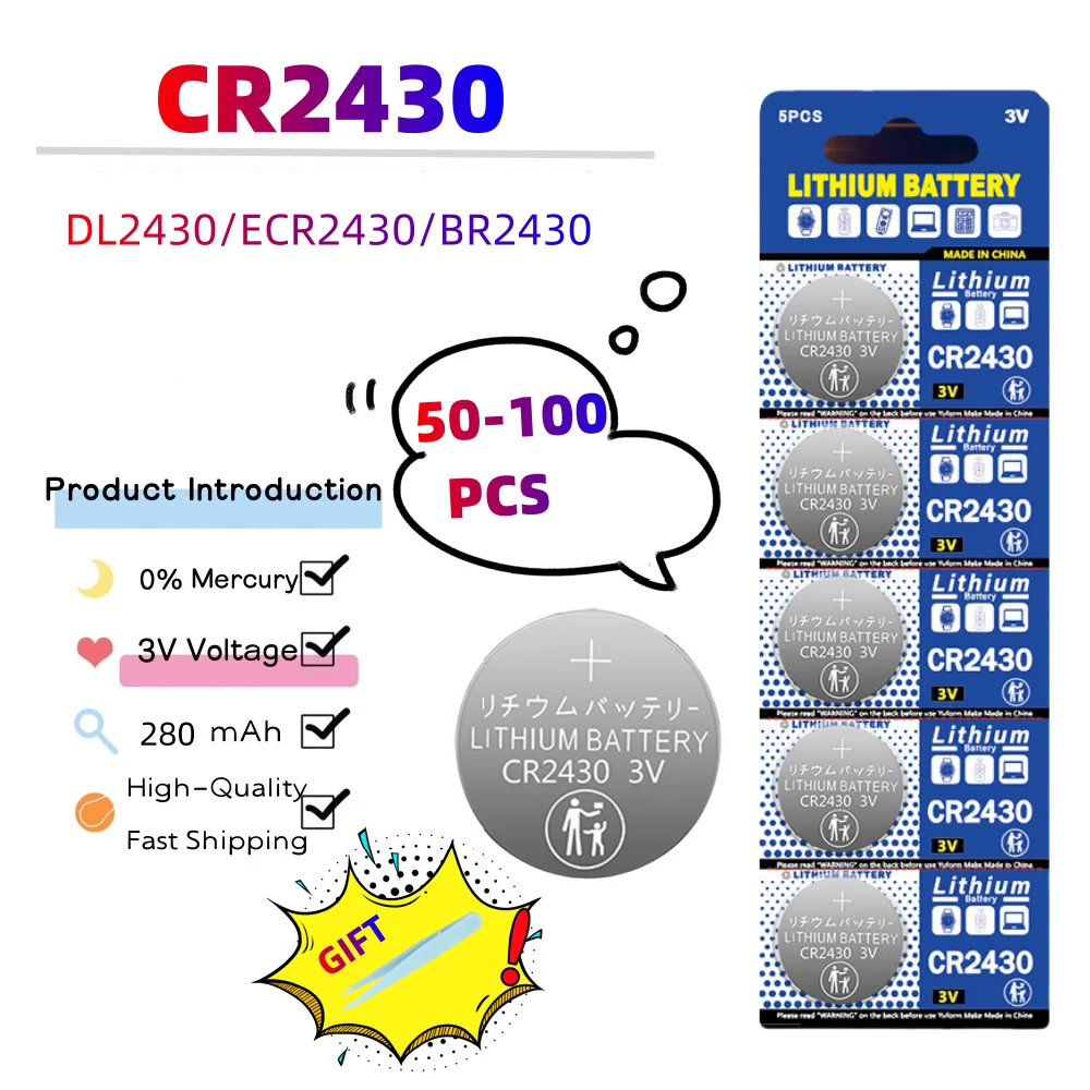

50-100PCS CR2430 3V Lithium Battery DL2430 ECR2430 BR2430 For Watch Remote Control Electronic Scales Clock Button Coin Cell