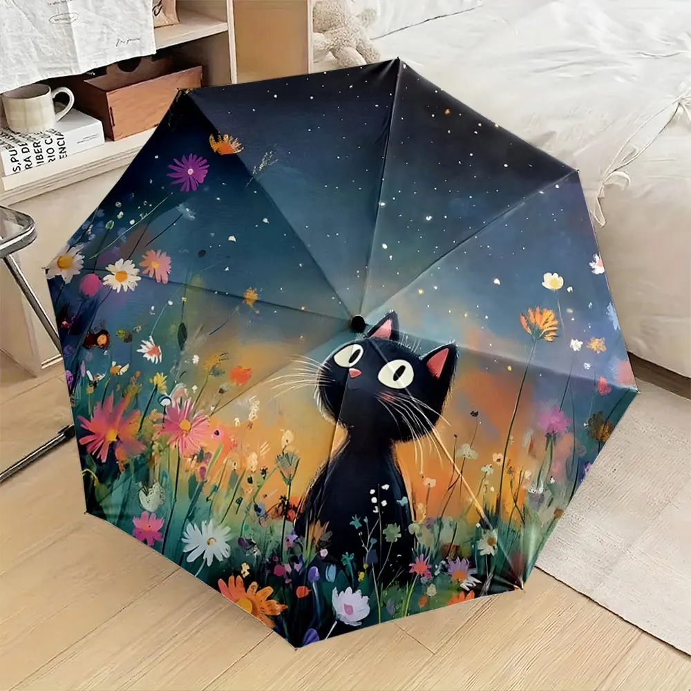 1PC Whimsical Black Cat in a Floral Field Design Umbrella Print 8 Iron Ribs Folding Umbrella Auto-Open Fashion Sunshade