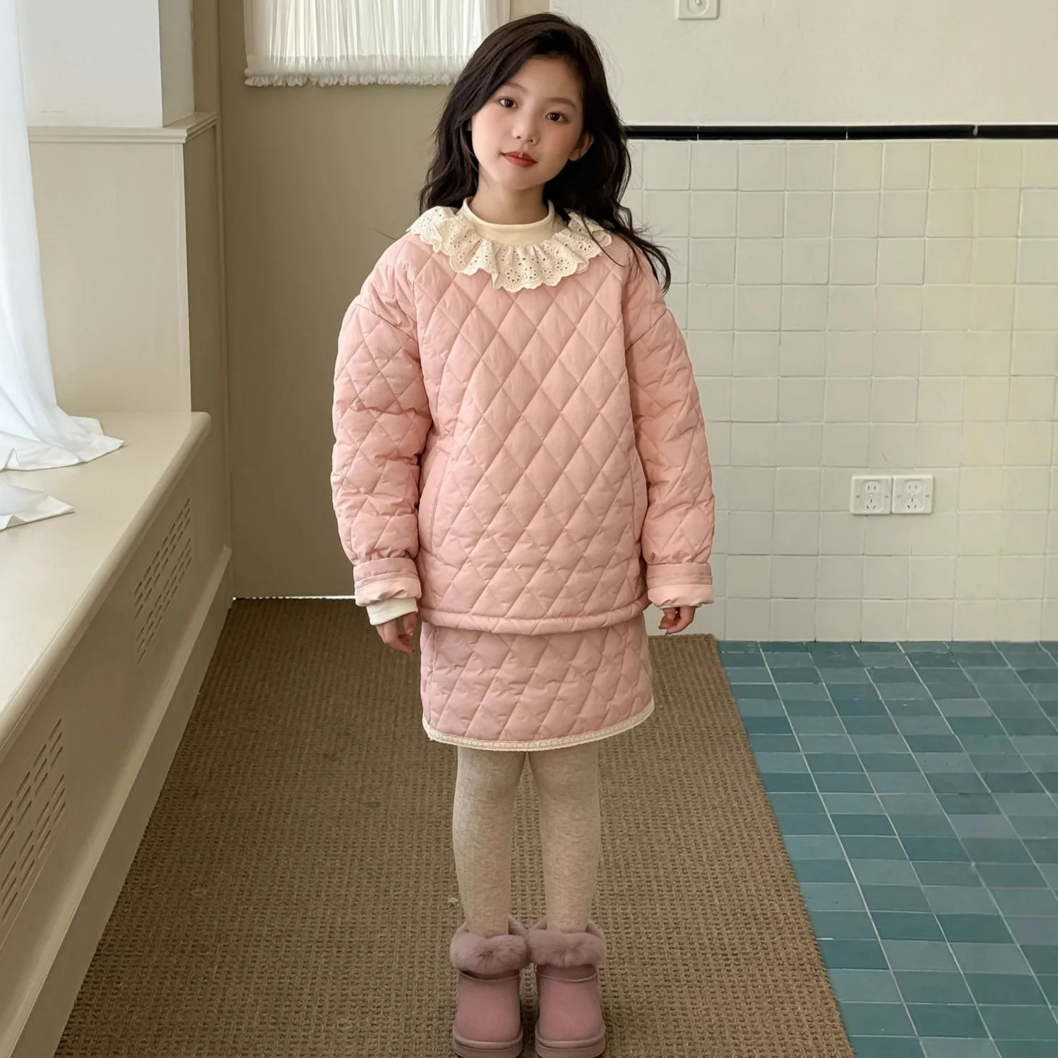 

Winter Children Girls 2PCS Clothes Set Cotton Argyle Pockets Padded Parka Suit Loose Thicken Warm Lace Hem Kid Girl Skirt Outfit