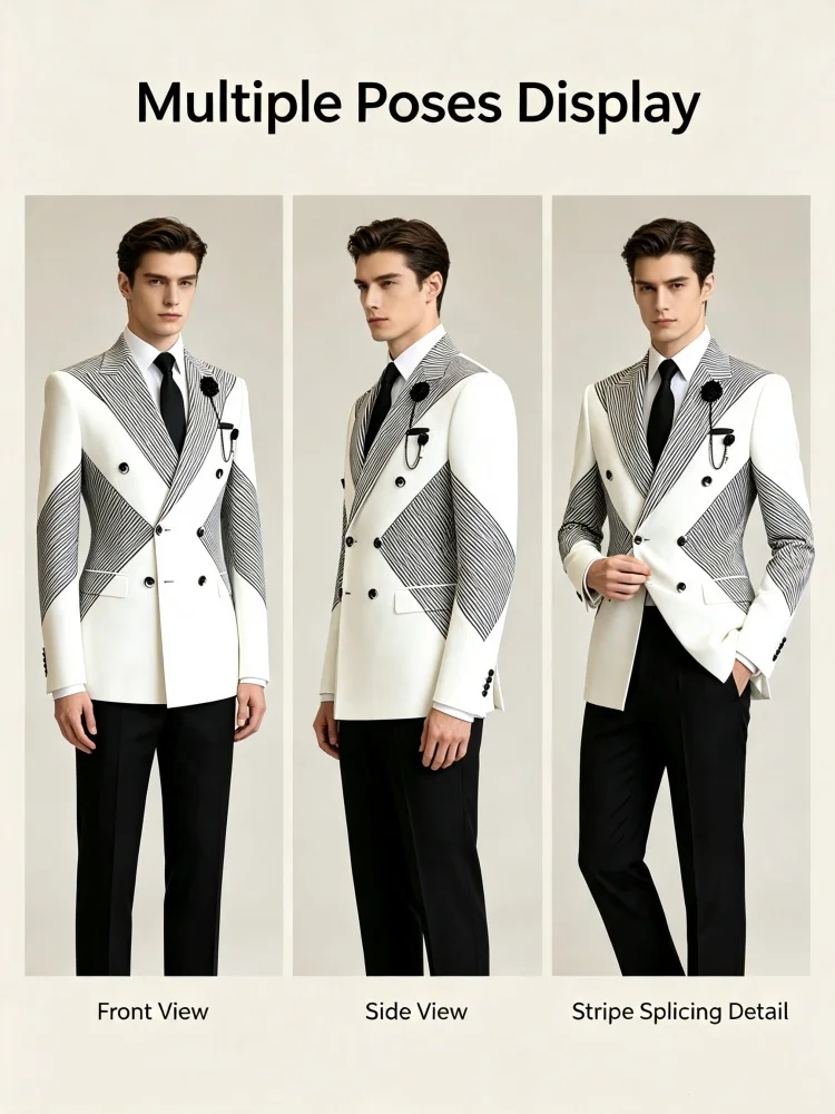 Men's Slim Fit Wedding Suit White Double Breasted Stripe Business Blazer Two Tone Buttons Lapel Flower Slim Fit Formal Party