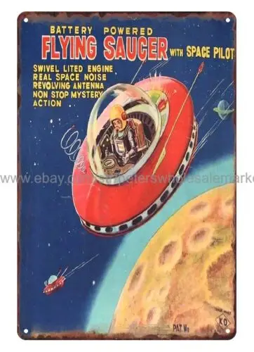 retro toy JAPAN Battery FLYING SAUCER SPACE PILOT play house metal tin sign