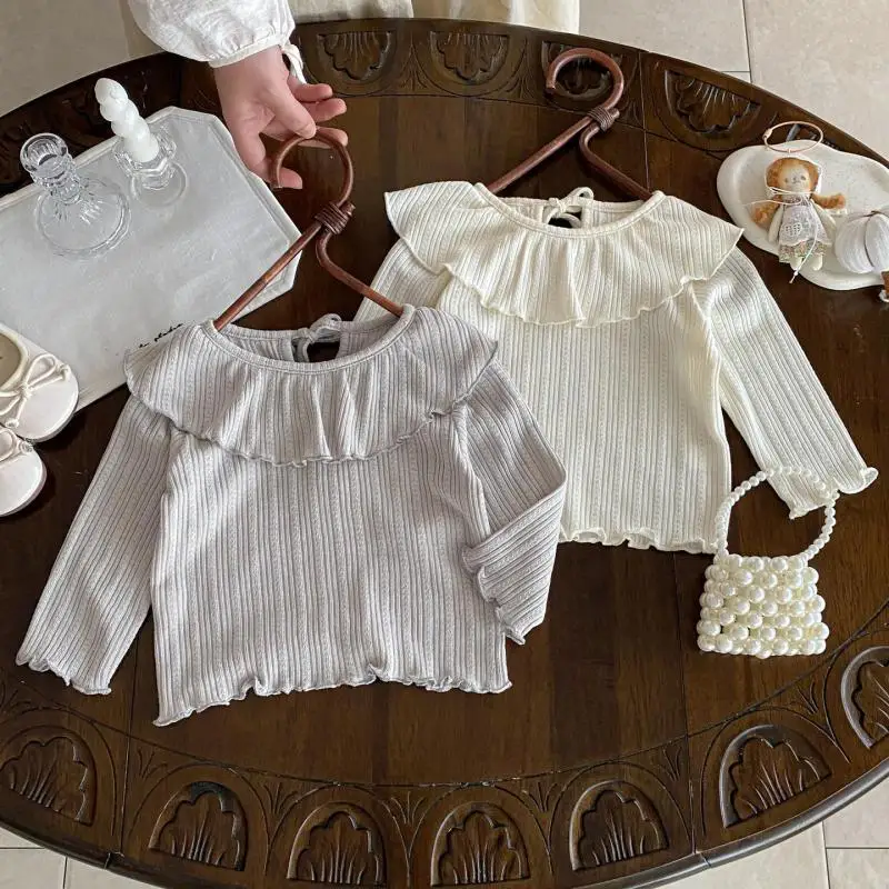 

Новинка осени 202, футболки с длинными рукавами для маленьких девочек, рубашки с накидкой и воротником для маленьких девочек, однотонные топы для малышей, хлопковая детская одежда