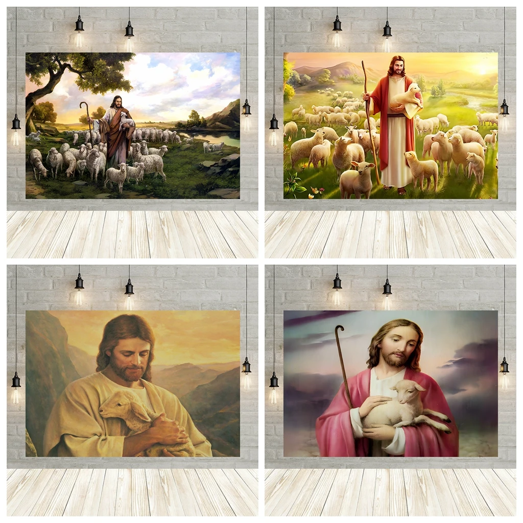 

Christ Jesus Background Jesus Herding Sheep Natural Scenery Wall Art Pictures for Living Room Decor Photography Backdrop Banner