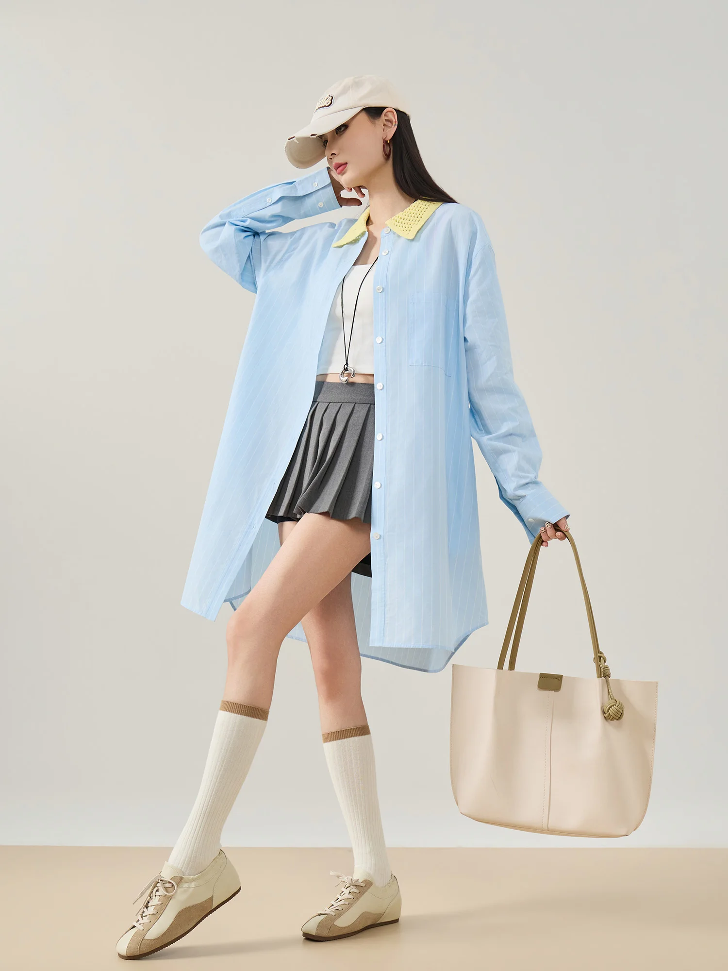 

Loose Women's Striped irt Pastel Blue Knitted Collar Patchwork Mid-Length Open Cardigan Outerwear Comfortable Casual Sle