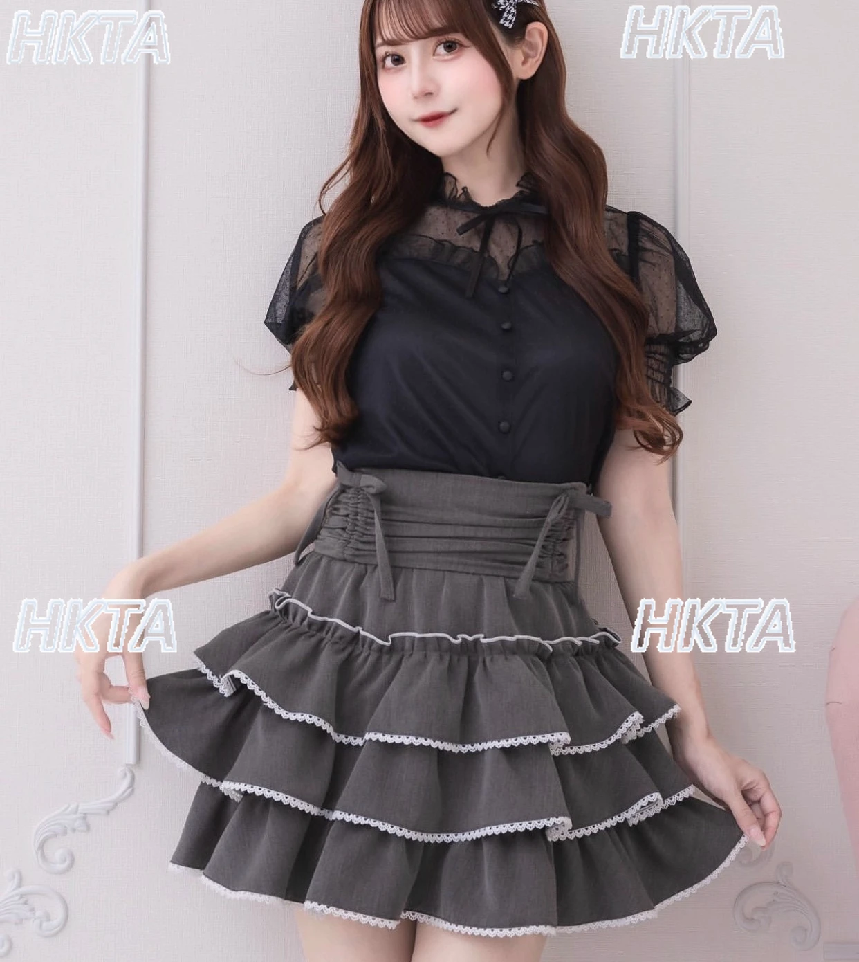 Style japonais doux et mignon été Tulle à volants bulle à manches courtes chemises femmes banlieue noir t-shirt haut pour dames