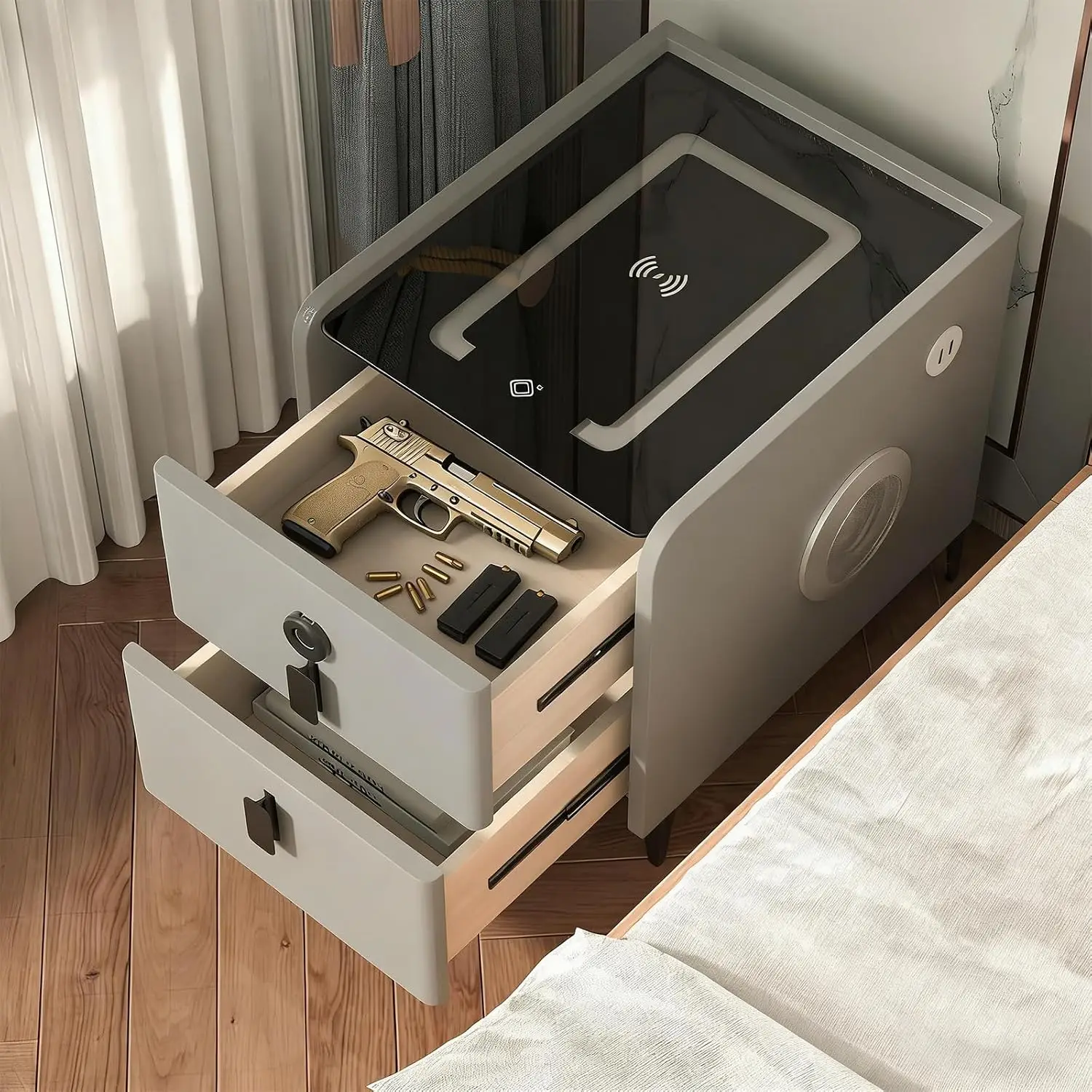 Nightstand With 2 Drawers, Wireless Charging, 3 LED Lights & Bluetooth Speaker, Modern Bedside Table For Bedroom, Customized