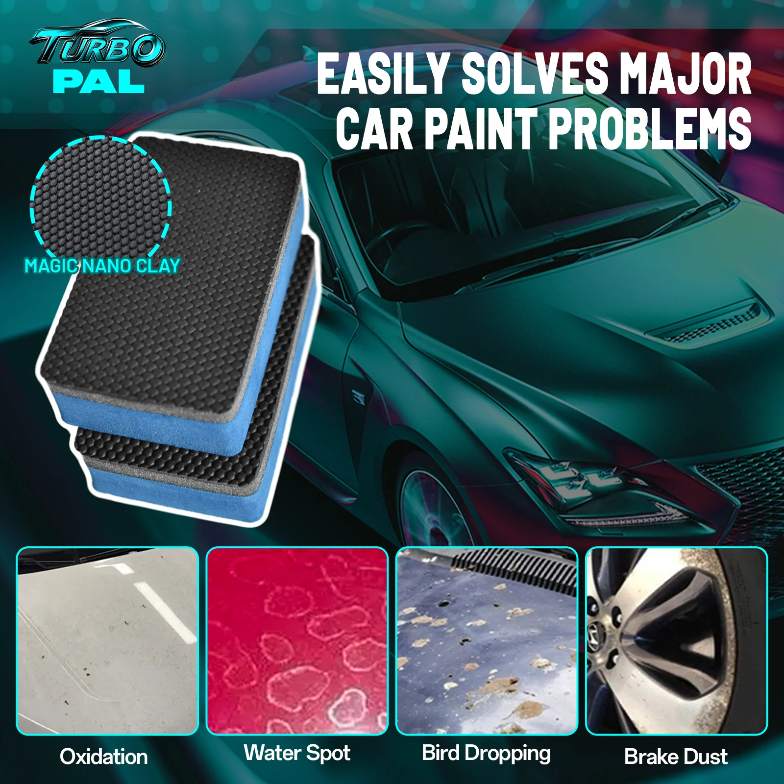 TURBOPAL 2pcs 3-Layer Professional Clay Sponge, Nano Clay Matrix for Scratch-Safe Car Contaminant Removal, Multi-Surface Use