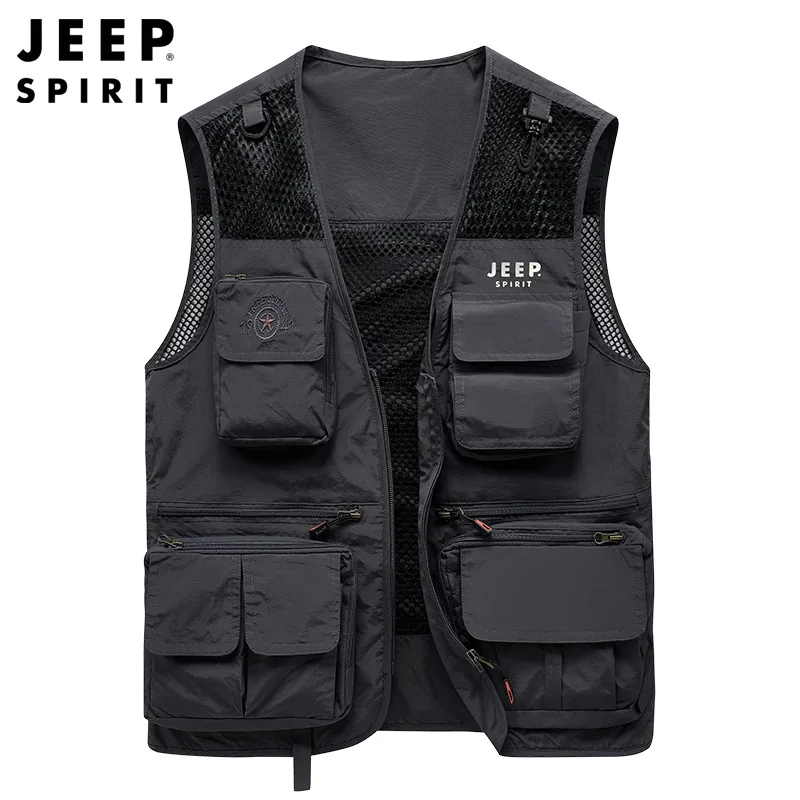 JEEP SPIRIT Men mesh quick-drying multi-pocket fishing vest hiking outdoor mountaineering drifting advertising photography vest