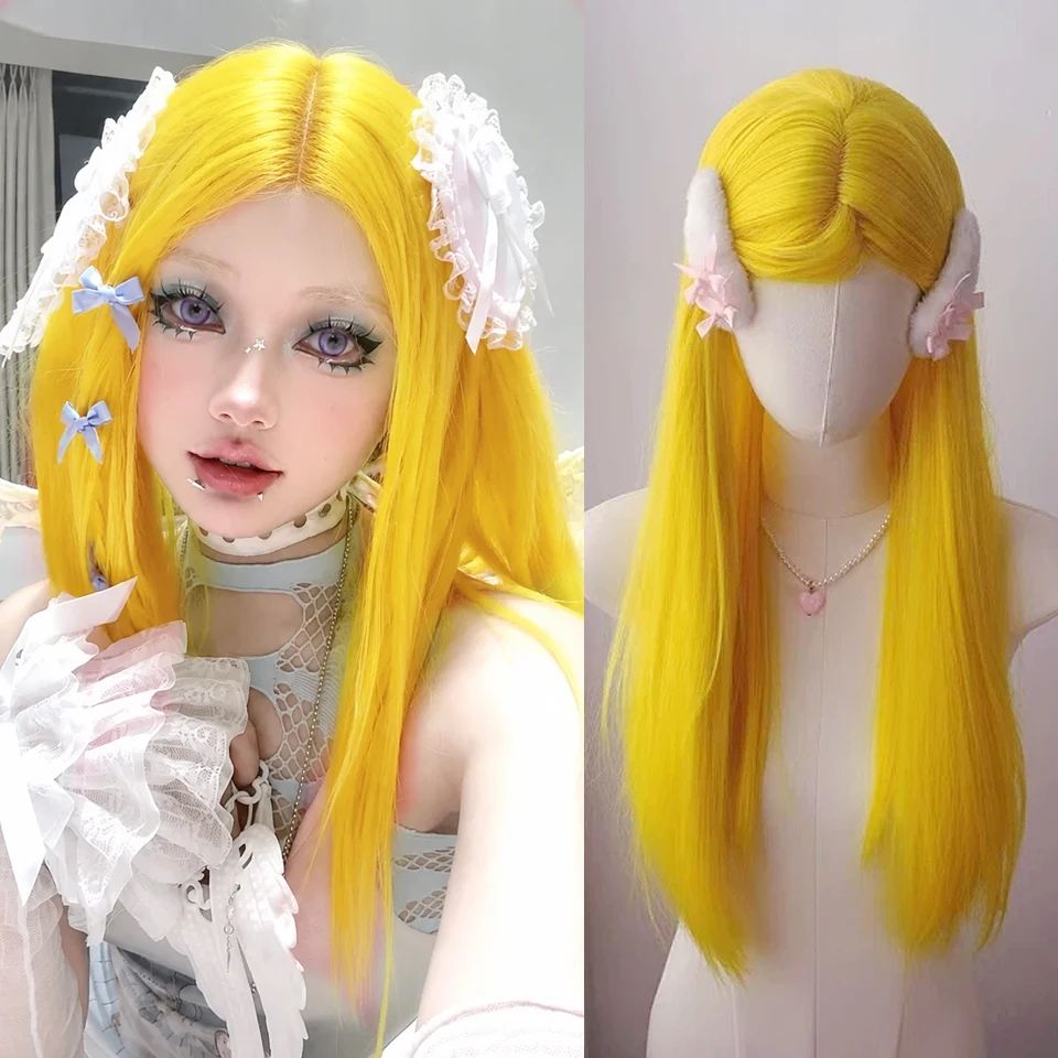 Long Straight Yellow Wig Middle-Part Hairstyle Lolita Cosplay Wig with Bangs High Temperature Fibers Synthetic Wigs for Women