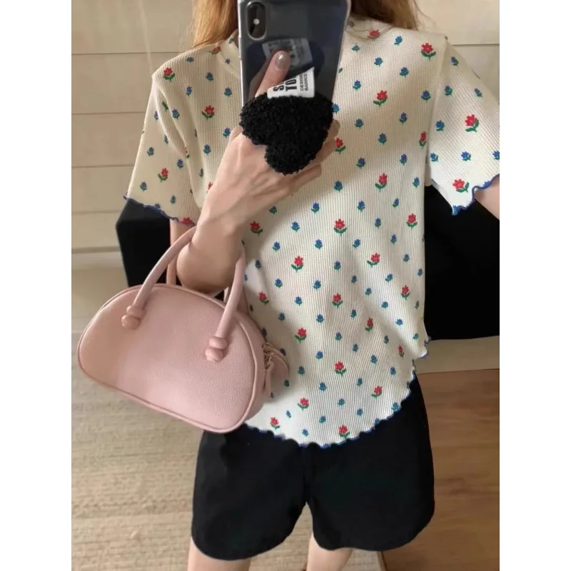 2024 New Small Floral Fresh Round Neck Short-sleeved T-shirt Women\'s Summer Slim-fit Slimming Shoulder Top