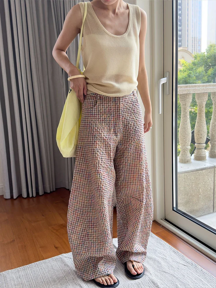 Women Vintage Plaid Wide Leg Linen Pants 2024 Summer Ladies Casual Breathable Korean Fashion Streetwear Loose Trousers