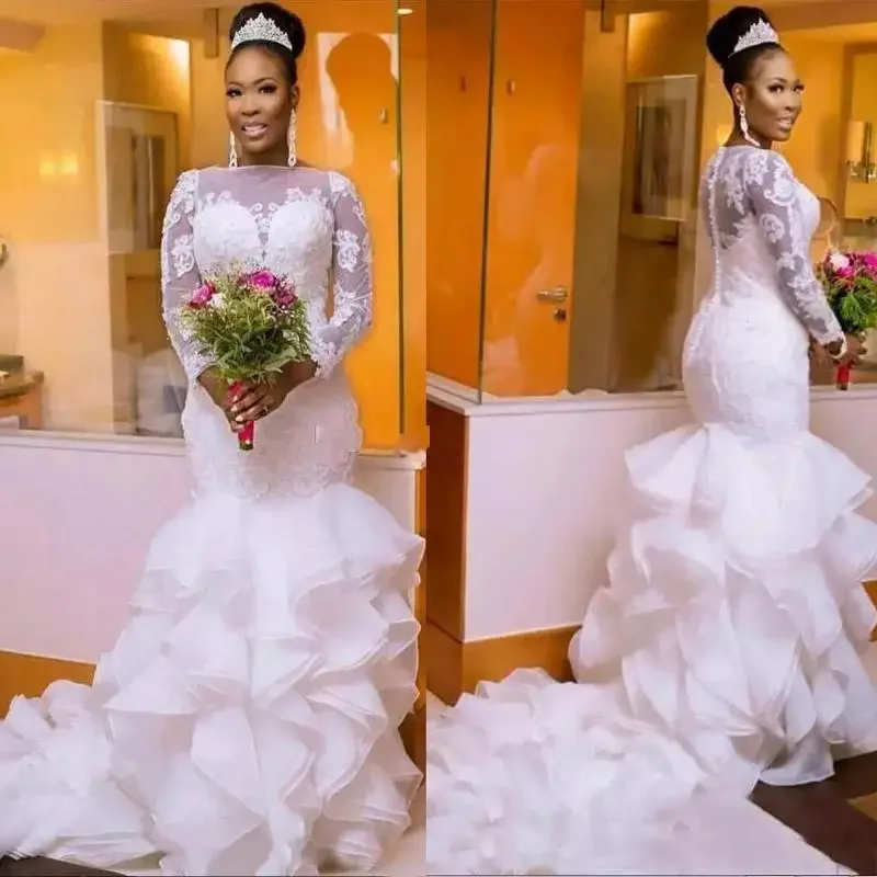 Customized African Nigerian Plus Size Long Sleeves Mermaid Wedding Dresses Custom Made Ruffles Train Bridal Gowns